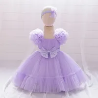 Princess Dress Baby Shower Gown Toddler Children's Baptism Clothes Puffy Tulle Skirt Folded Edge Soft Fabric Celebration Outfit