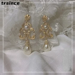 Trsince Vintage Palace Golden Color Pearl Earrings for Women Wedding Baroque Bohemia Frosted Earring Female Elegant Jewelry Gift