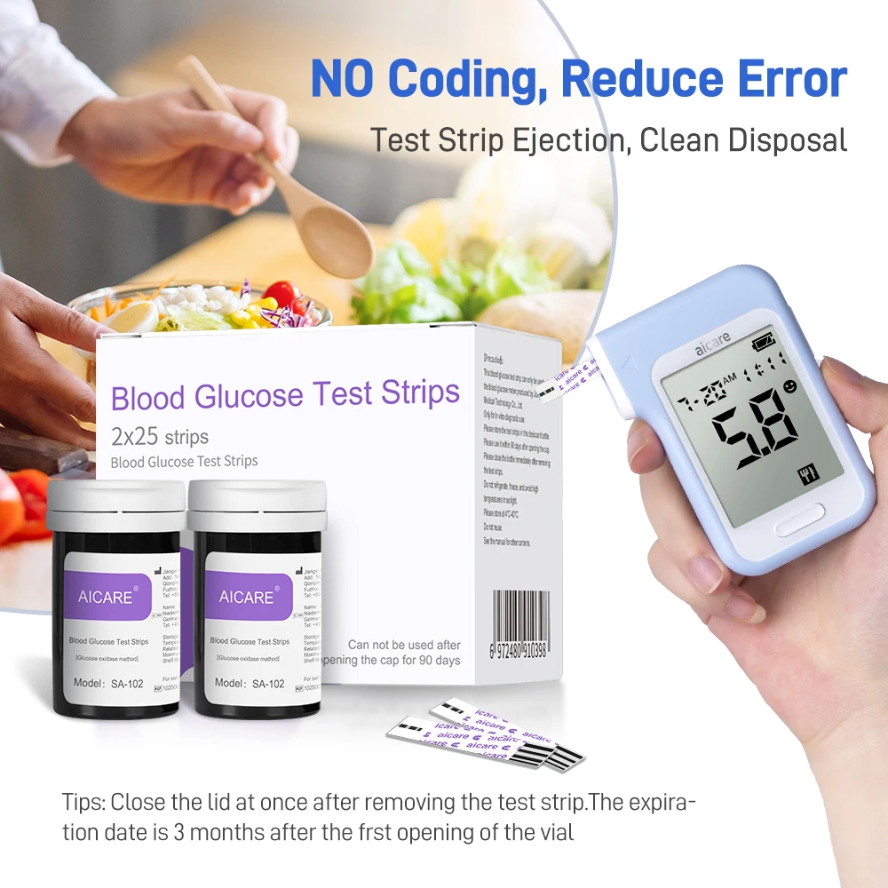 Aicare A606 Monitor de glucosa en sangre, kit de glucómetro, prueba de Diabetes, medidor médico de glucosa en sangre o solo tiras reactivas, lancetas