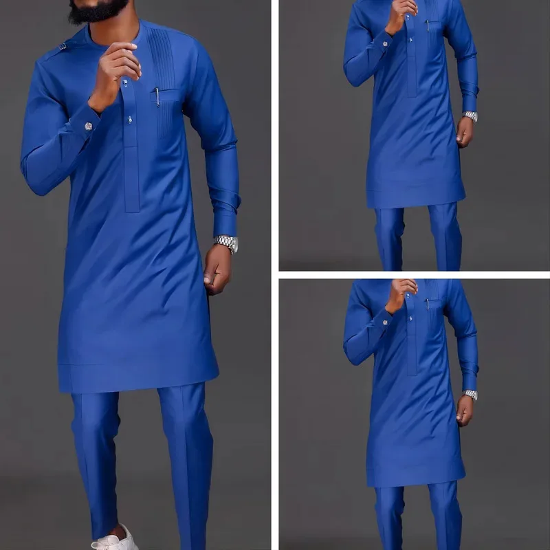

New Dashiki Popular Muslim African Ethnic Style Mens Round Tie Blue Shoulder Buckle Four Seasons Casual Long-Sleeved Suit
