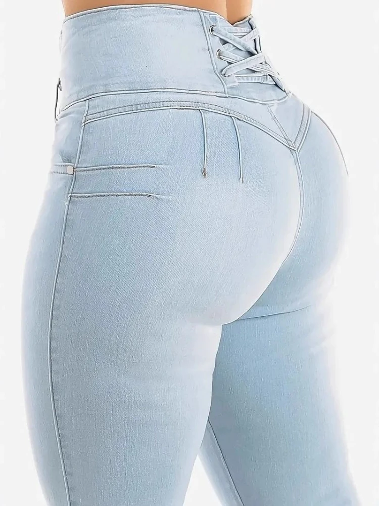 هوتشو الأزرق الدانتيل يصل مثير المرأة نحيل الجينز Y2k Harajuku غسلها عالية الخصر النمط الأمريكي سراويل جينز ضئيلة عادية كل مباراة