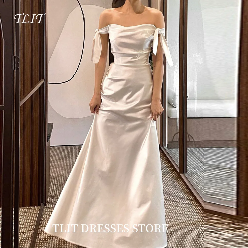 

TLIT Elegant White Elastic Satin Wedding Dress Off the Shoulder Bow Bridal Gowns Korea Wedding Dress Photo Shoot Customized