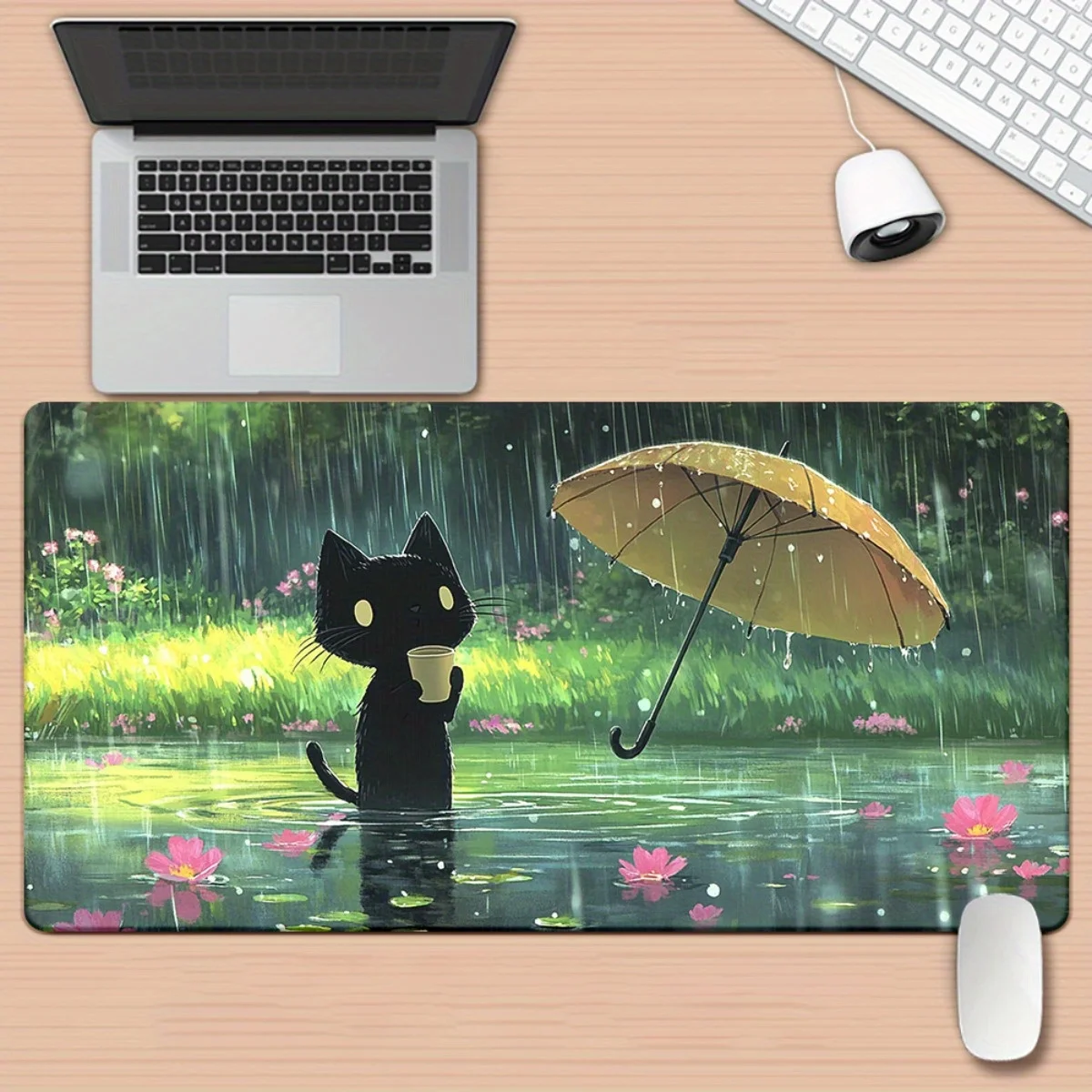 tapete-de-mesa-estendido-com-gato-preto-fofo-e-lagoa-chuvosa-mouse-pad-gamer-com-gato-e-guarda-chuva-amarelo-anime-mousepad-grande-antiderrapante-para-decoracao-de-casa