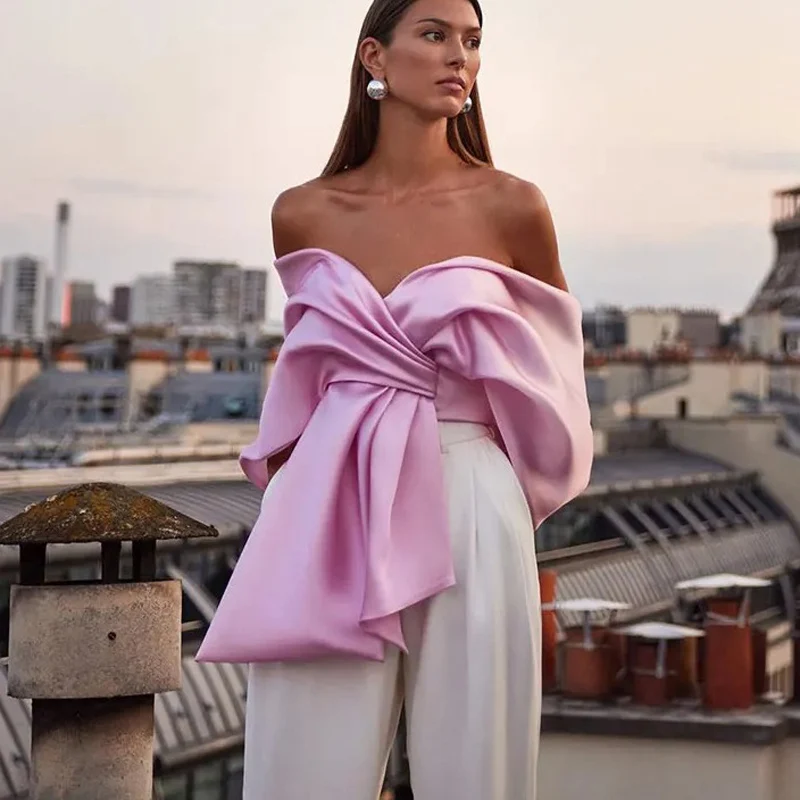 2024 Summer Women High Street Party Club Tops Sweet Satin Bow Pleated Tops Female Sexy Off Shoulder Backless Cropped Pink Vest