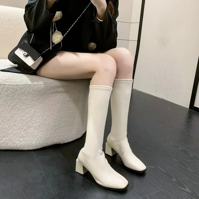 أسود بولي Leather جلد الركبة أحذية للنساء أحذية مشبك معدني الديكور موضة جديدة في الهواء الطلق طويل بوتاس أحذية السيدات حجم 35-40 #4