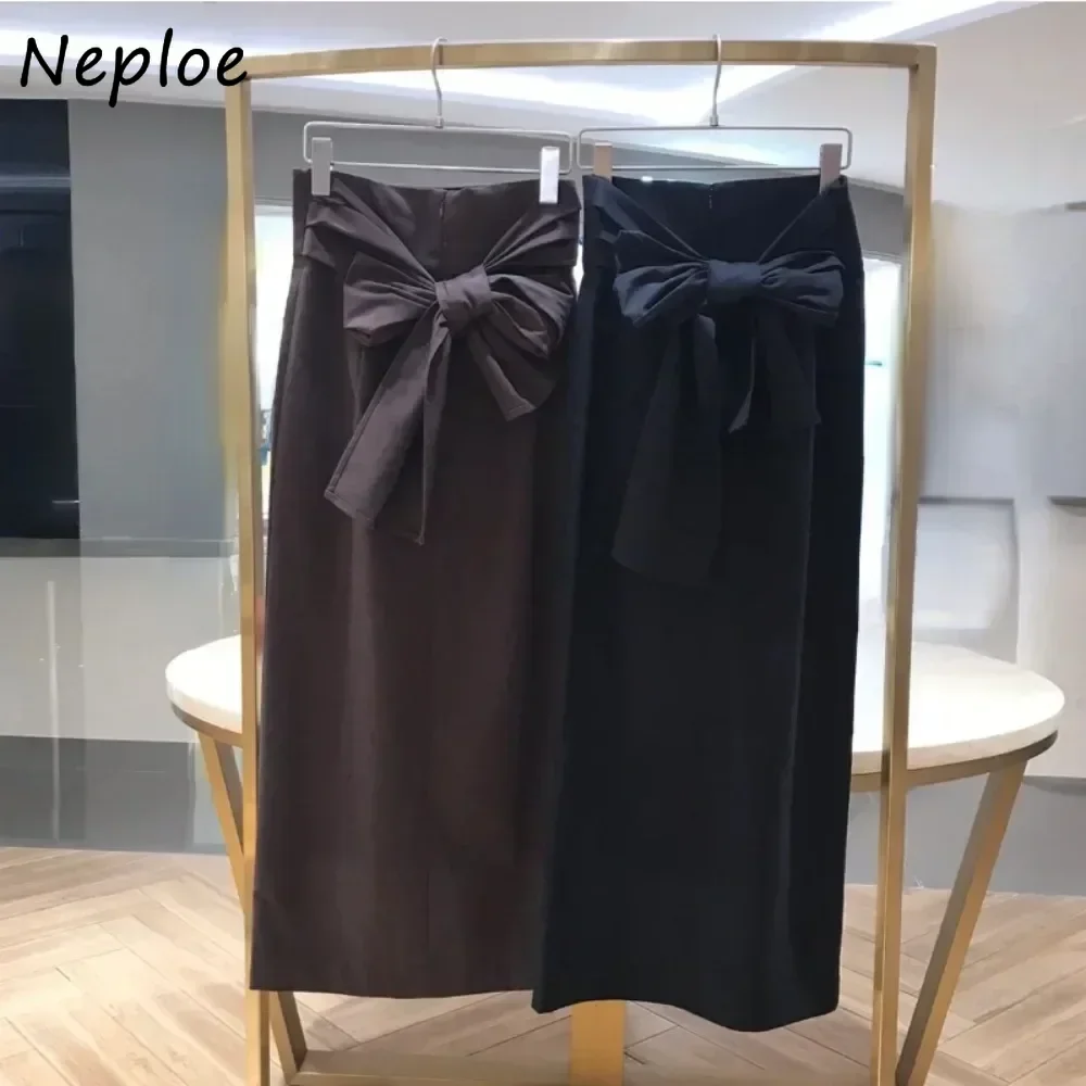 Neploe Vintage Moda Light Ripe Wind Bow Skirt High Waist Slim Vent Bodycon Mujer Falda Japan Lace Up Exquisite All-match Falda