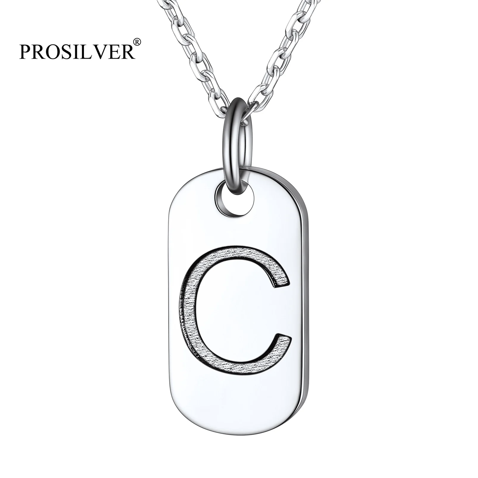 

PROSILVER A-Z Silver Tiny Dogtag Mother Initial Necklace Minimalist 925 Sterling Silver Chain for Women Valentine Gift PYP15160G