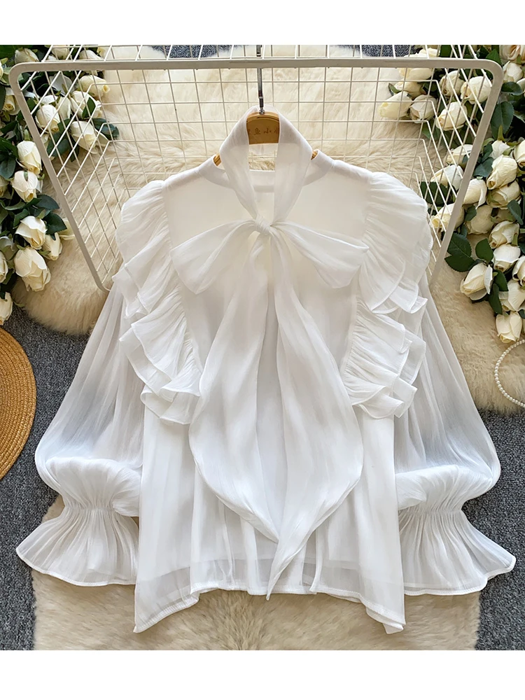 Women Spring Autumn Shirt Fashion French Retro Casual High-end Polka Dot Blouse with Bubble Sleeves Bow Design Top S263 image 5