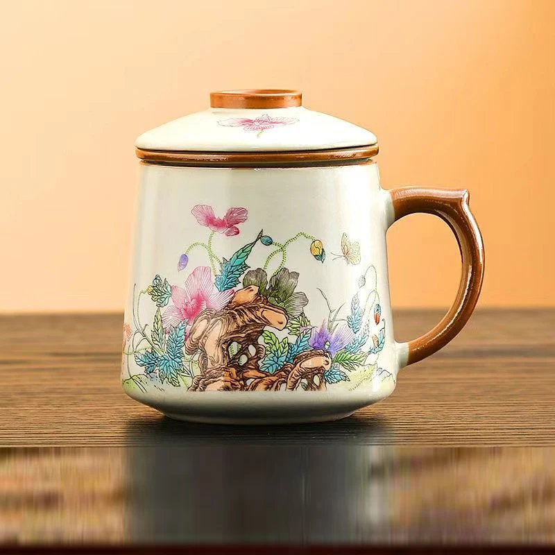 Chinese Style Tea Filtering Separation Cups With Cover Ru Kiln Mountains Rivers Pattern Personal Mug Home Ceramic Office Cup 1Pc