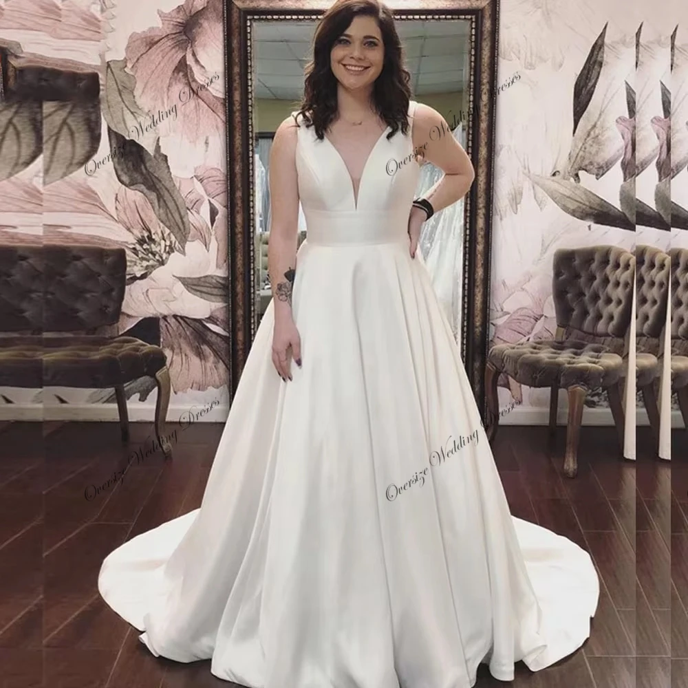 Sleeveless Oversize Wedding Dresses with Satin Ivory V Neck 2025 A Line Plus Size Bridal Gowns for Women Vestido De New Summer