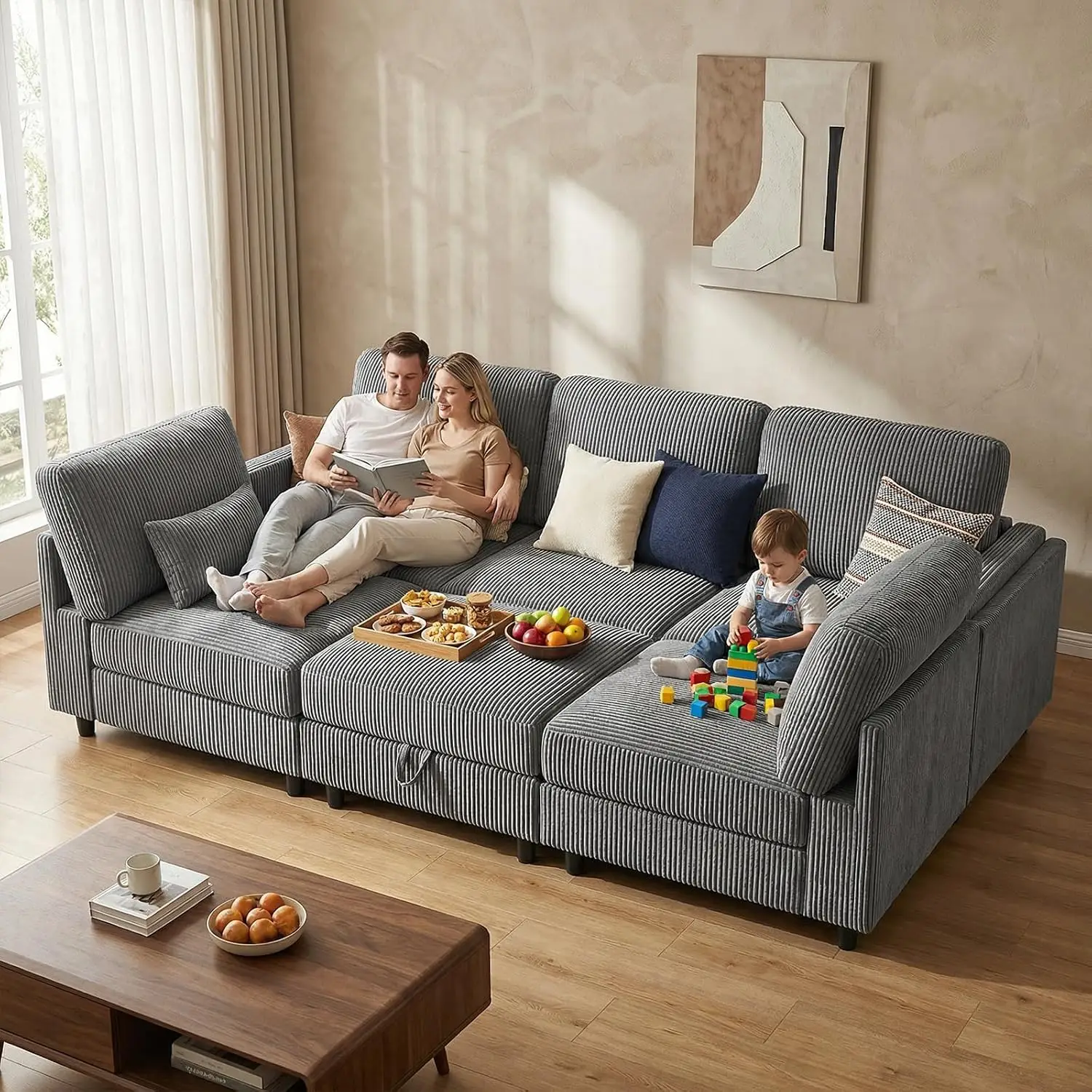84 Inch Convertible 6 Seat Sectional Sofa Bed with Storage & Removable Cover, Modular Living Room Furniture, Grey, Customized