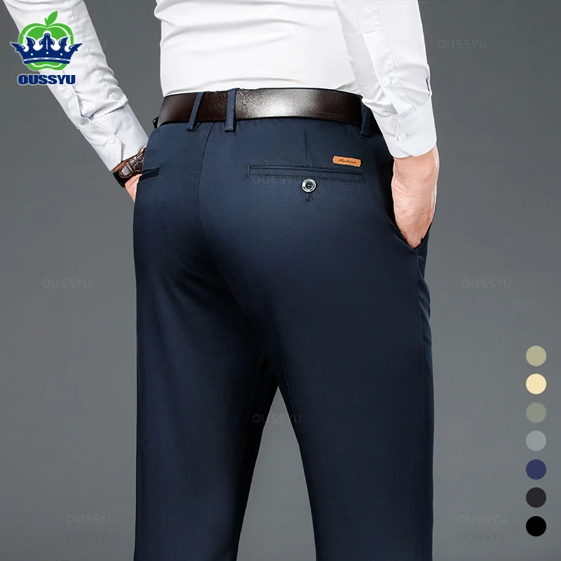 Spring Summer Straight Suit Pants Men Cotton Business Stretch Royal Blue Khaki Black Thin Office Formal Trousers Male Size 40 42