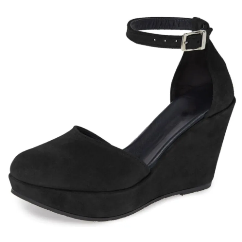 

SHOFOO Fashionable women's high heels Black suede shoes About 12.5 cm heel height Ankle buckle shoes Wedges heel round toe shoes