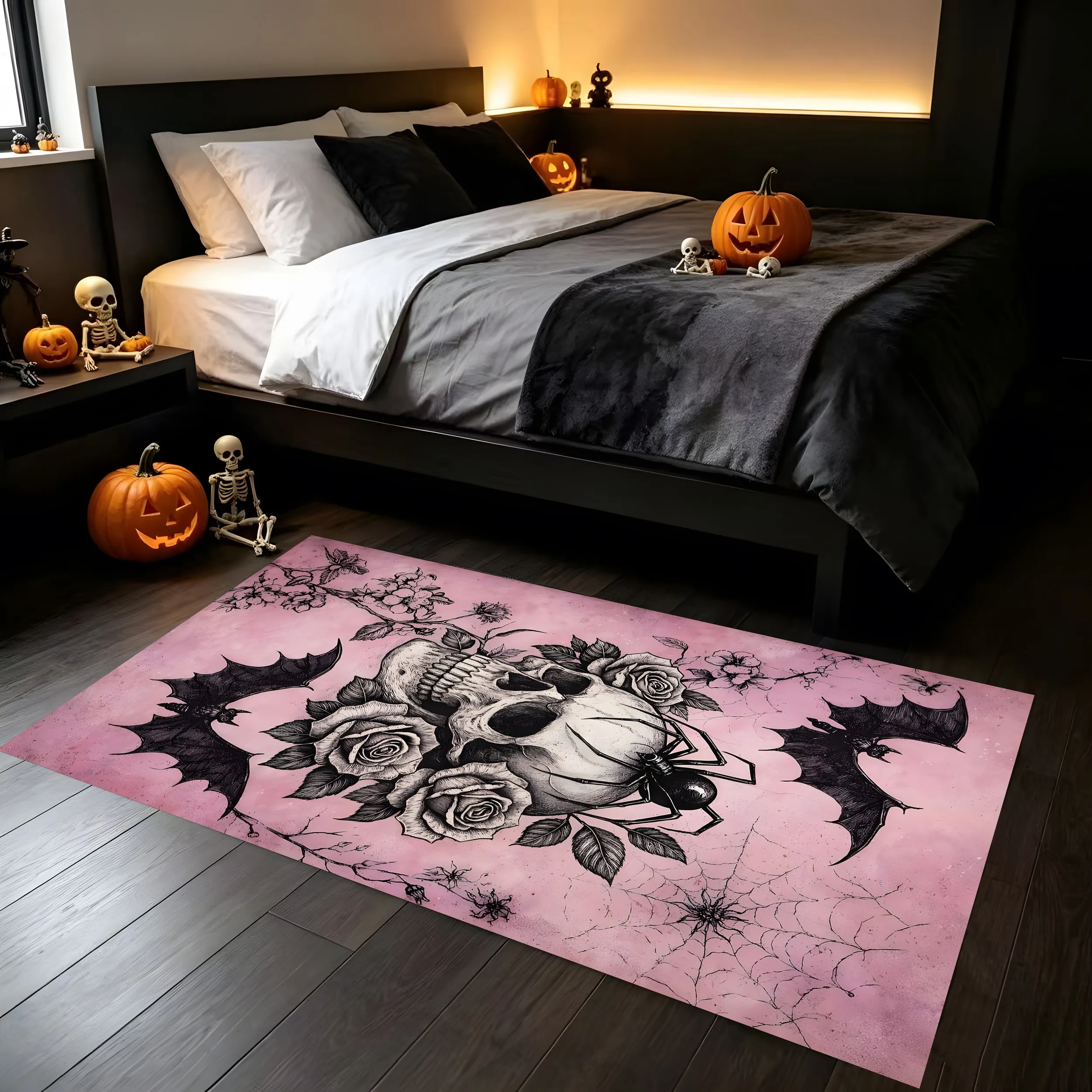 Pink Black Skull Rose Bat Spider Print Gothic Halloween Velvet Rug for Entryway Bedroom Bedside Decor