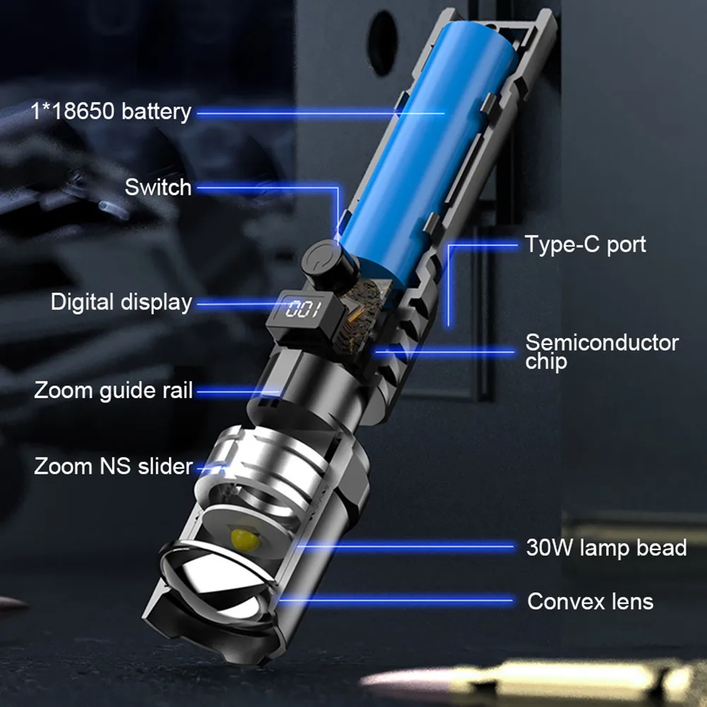 Powerful Super Bright LED Flashlight With Power Display Type-C Rechargeable Light Telescopic Zoom Torch Lamp For Camping Fishing