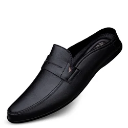 Fashion Half Slipper Shoe for Men Slippers Black White Genuine Leather Loafers Male Moccasins Non-slip Men Driving Casual Shoes