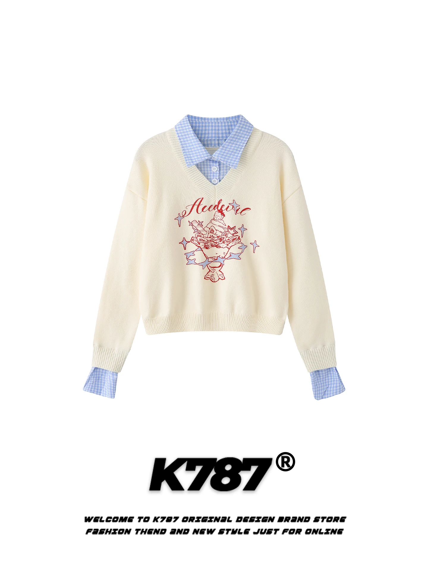 

K787 Japanese Sle Sweet And Spicy Plaid Patchwork Collar Sweater Women Loose Casual Sweet Sle Fake Two-Piece ort Knitwear