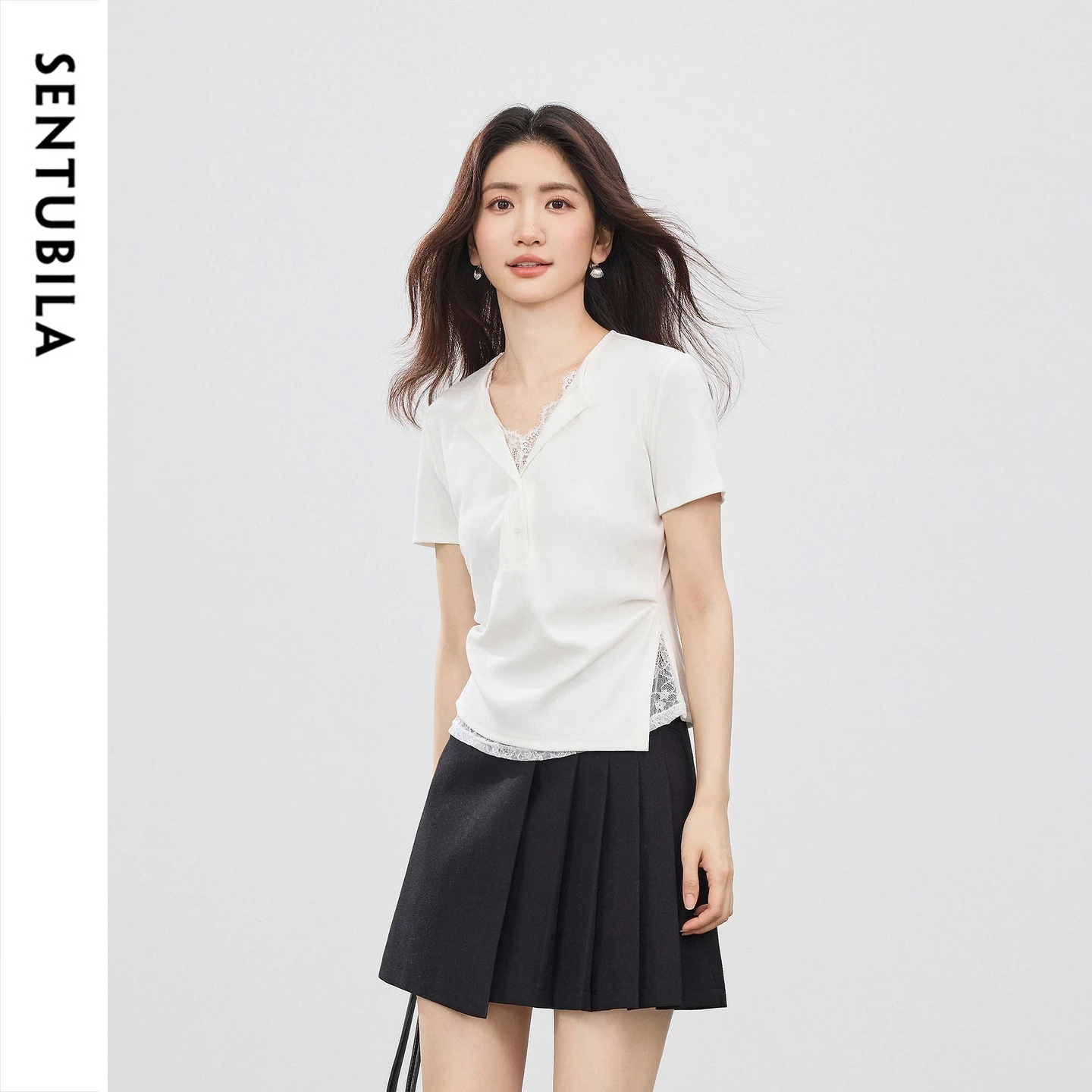 SENTUBILA Women's Summer Top With Lace 2026 V-Neck Ruched Waist Cotton Short Sleeve Knitted White T-Shirts Female Tee 162TL6884