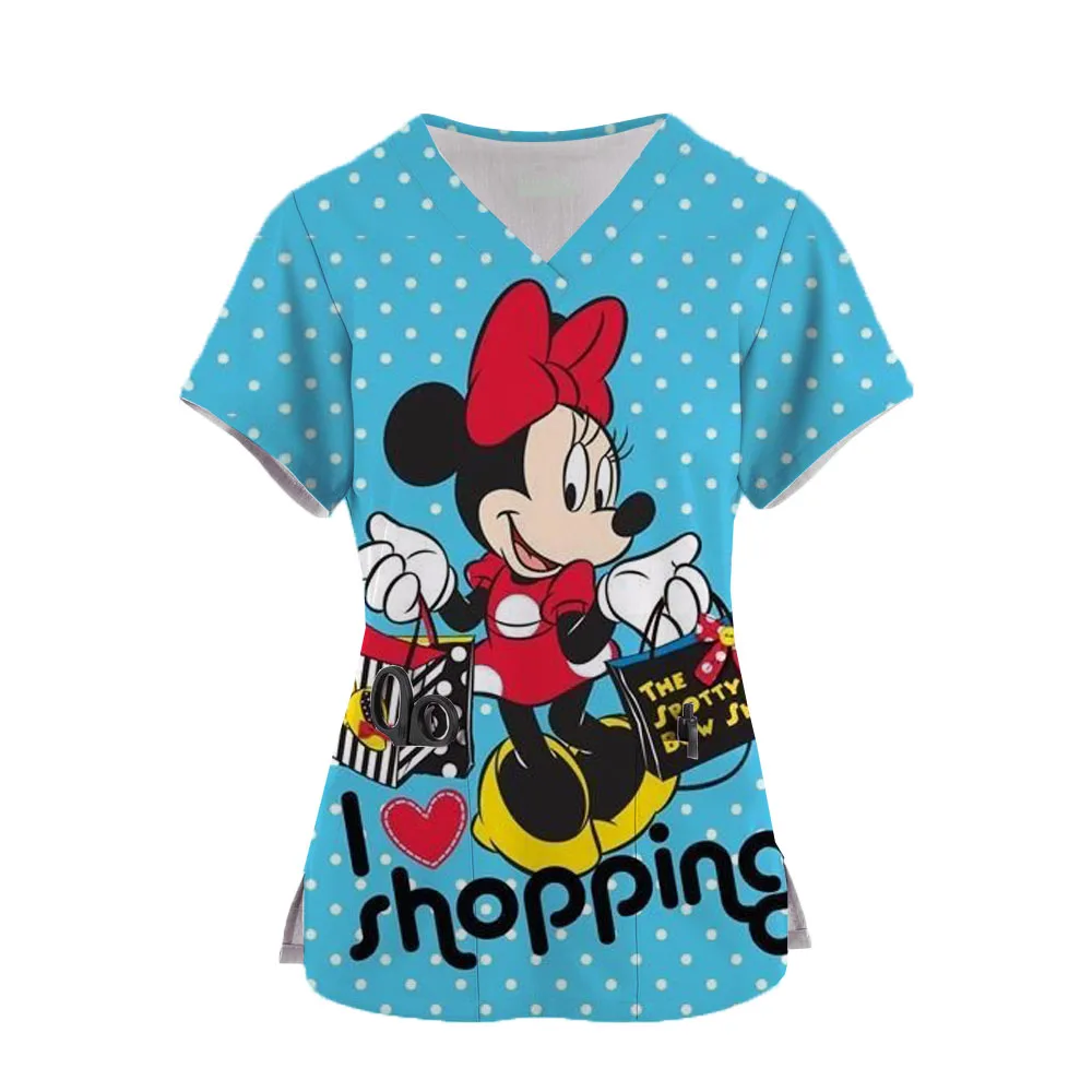 T-shirt Mickey Summer Women Cartoon Minnie Mouse Shirts Disney Tops Pocket Woman Nurse Uniform Clothes V Neck T-shirts Hospital