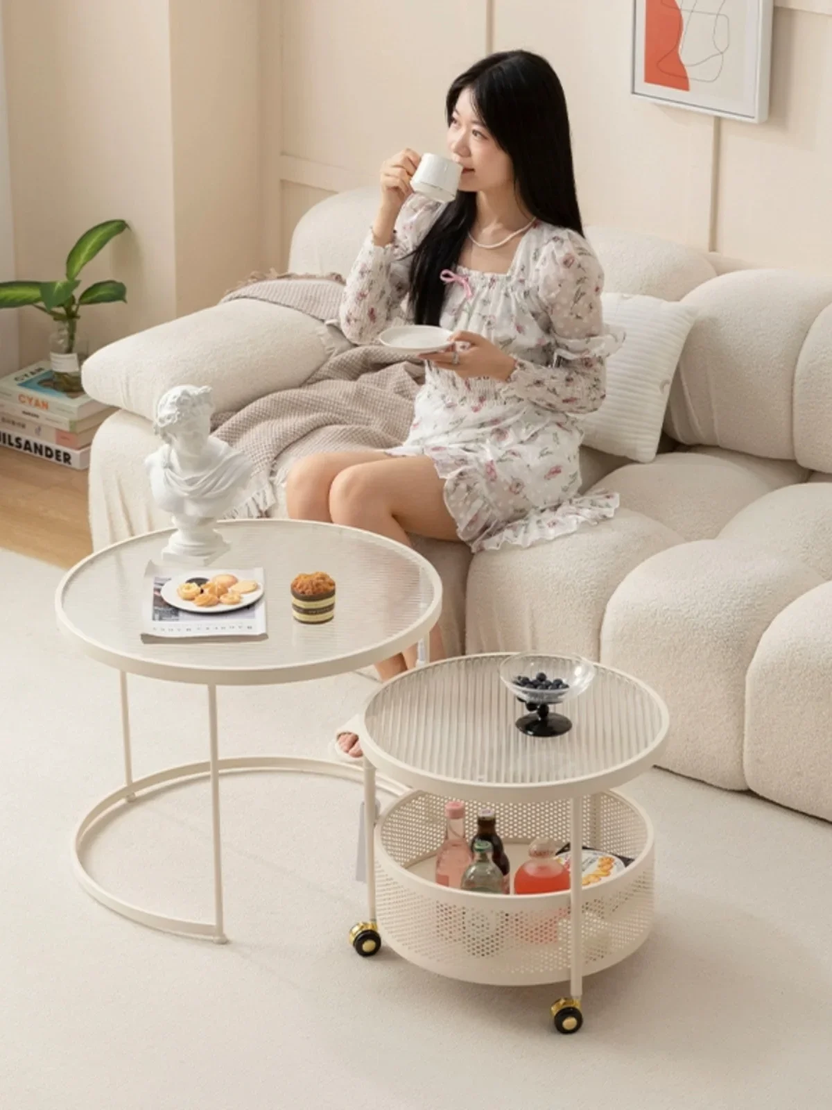 Small Unit Cream Wind Changhong Glass Tea Table Living Room Xiaohongshu 2023 New Round Combination Light Luxury Modern