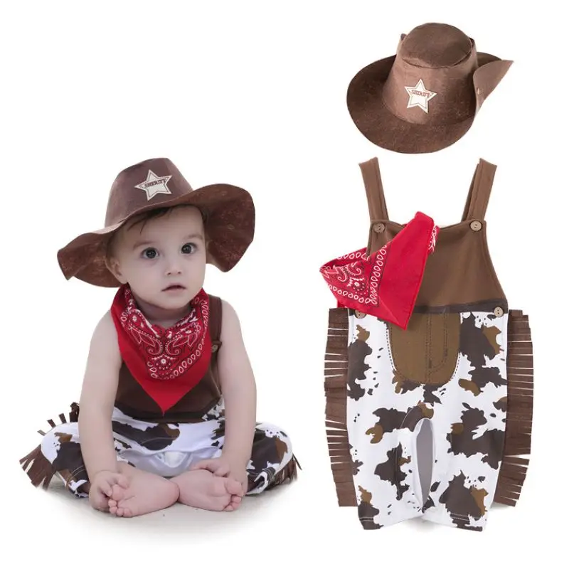 

Baby Cosplay Clothes~ Western Cowboy Style Belt Baby Boy Romper with Cap & Triangle Towel /Cool Bodysuit/3-piece Baby Set 3120