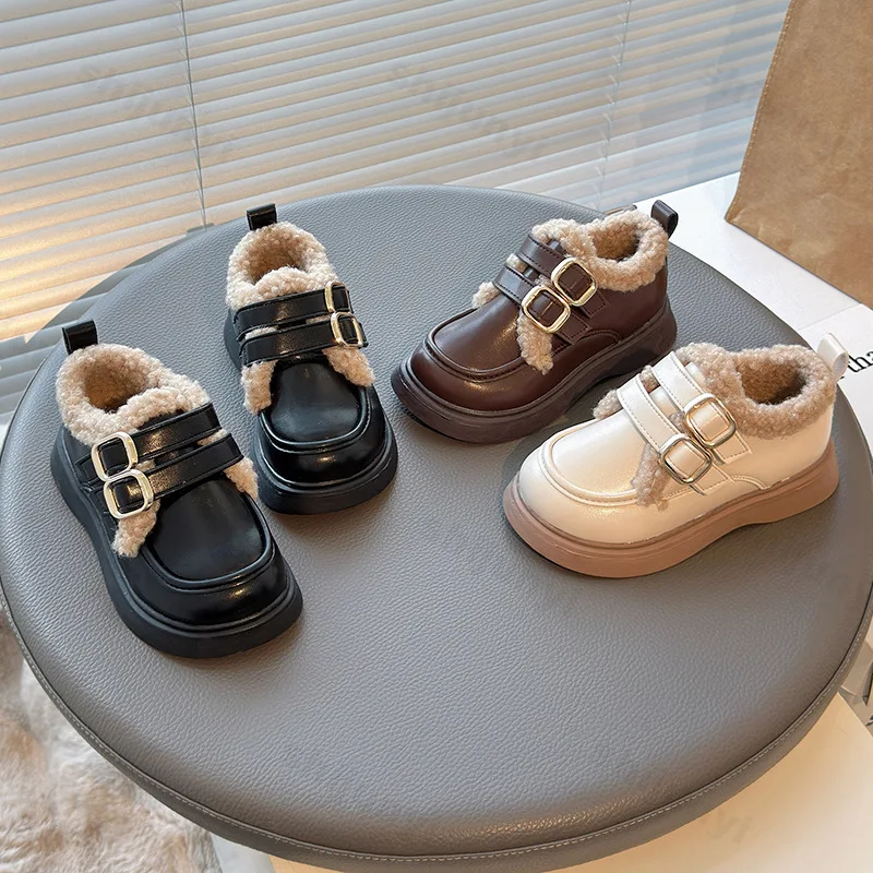 Children Leather Shoes 2025 Winter New Girls Cotton Shoes Fashion British Style Soft Anti-slippery Versatile Kids Princess Shoes