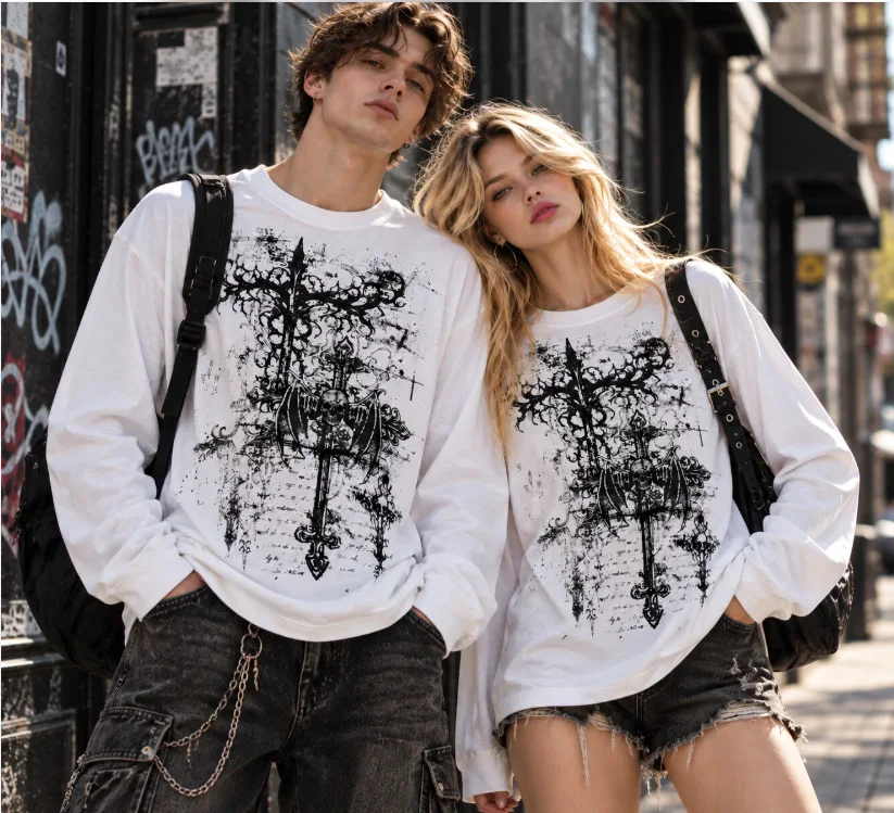 Unisex Long Sleeve T Shirt Vintage Gothic Cross Skull Bat Print Loose Fit Y2K Punk Streetwear Couple Tops Crew Neck Graphic Tees