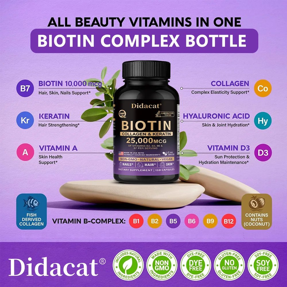 

Биотин 3-в-1, кератин, коллаген, витамины для роста волос для женщин и мужчин с истончением волос, поддержкой кожи и прочности ногтей