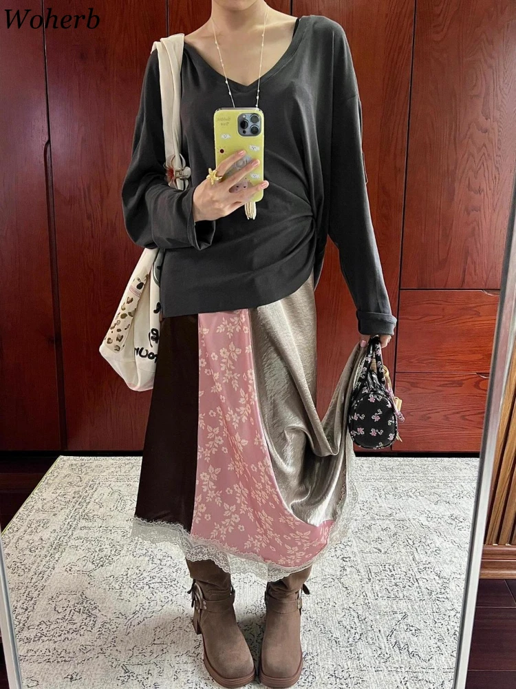 

Vintage Contrast Color Skirt Women Patchwork Lace Temperament Jupe Korean Y2k Sweet Saia 2025 Faldas Mujer De Moda Long Skirts