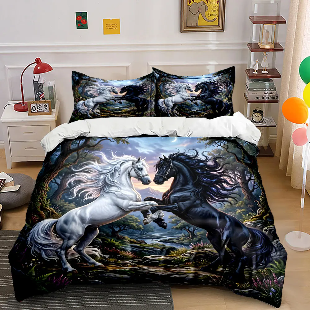 Black and white horses in forest Bedding Set for Kids Luxury Gift 3pcs Digital Print Comforter Set Soft Comfortable Breathable