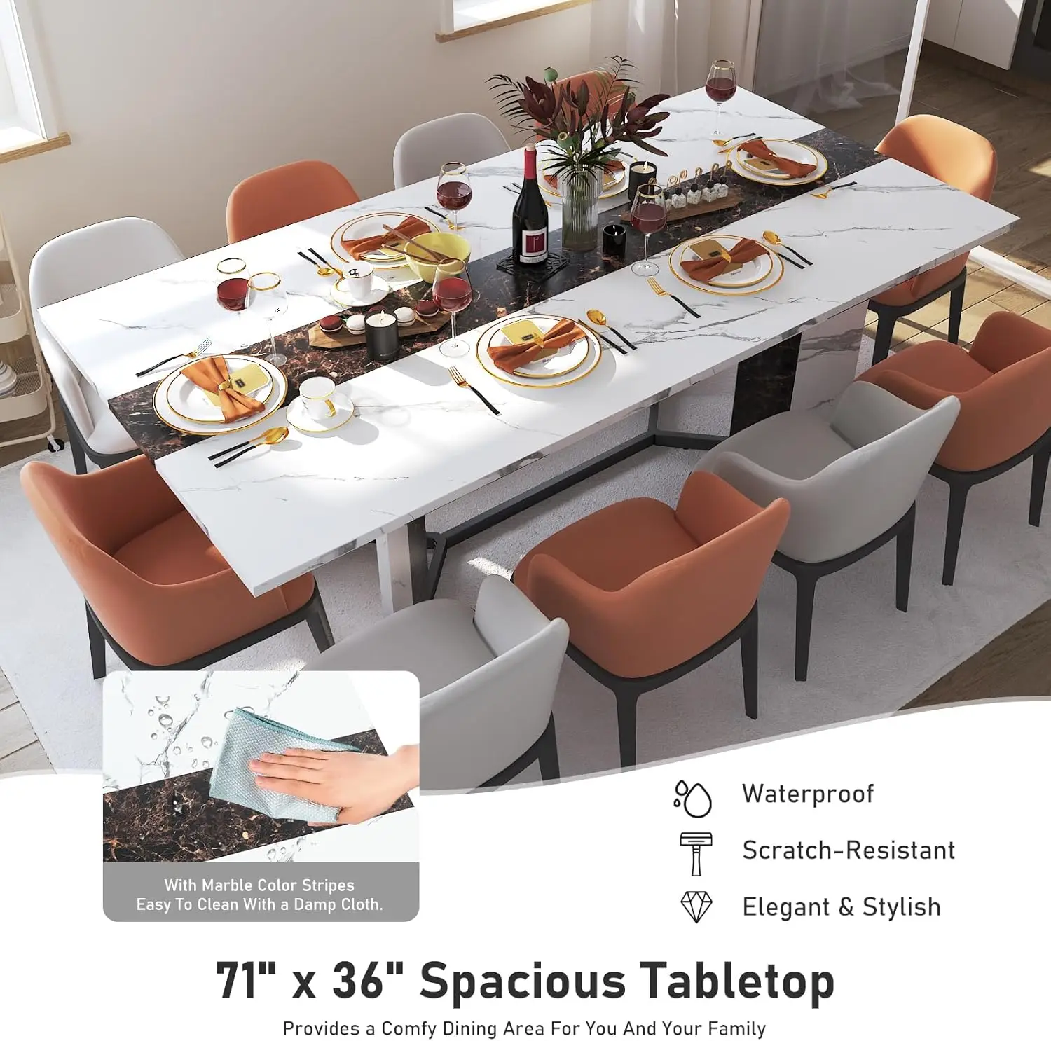 Large Rectangular White Dining Table for 4 5 6 7 8 People w/35 Marble-Color Wood Watrproof Tabletop,Adjustable Leg.6ft Luxurious