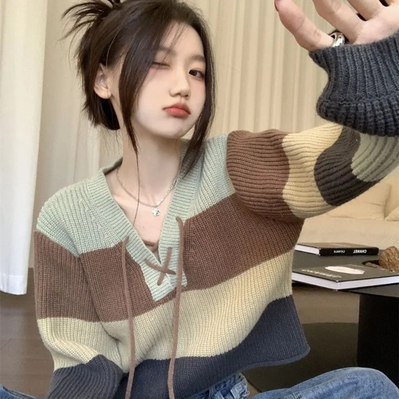 Spring Autumn Chic Stripe Bandage Short Sweater Pullover Denim Pants 1 or Two Piece Set Lady Fashion Jeans Knitted Tops Outfits image 5