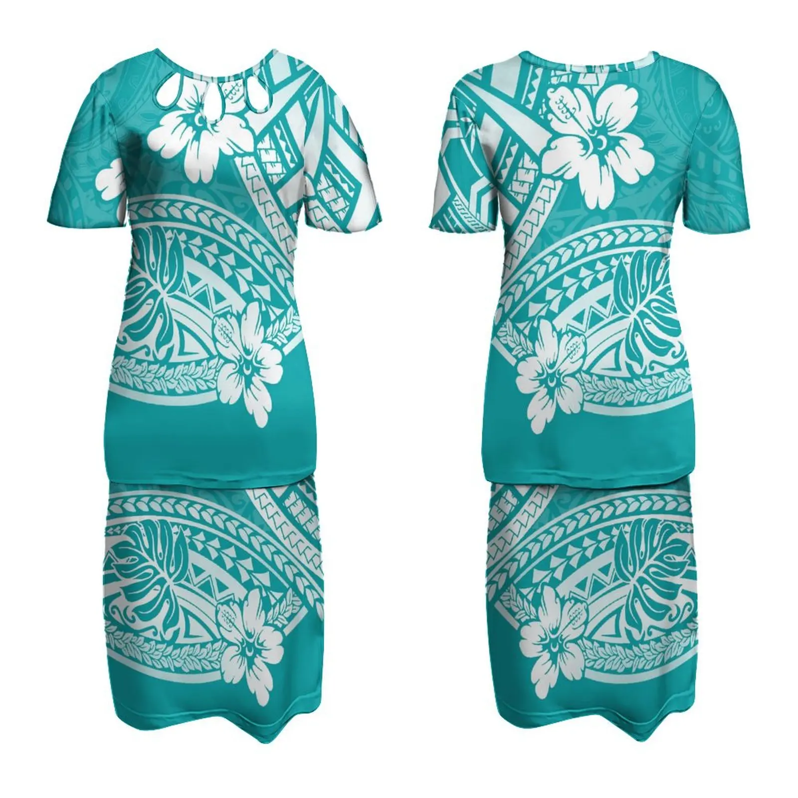 Best Price Wholesale Customized Pacific Island Art Design Lady Round Neck Dress Polyensian Puletasi Half Sleeve Dresses 2pcs