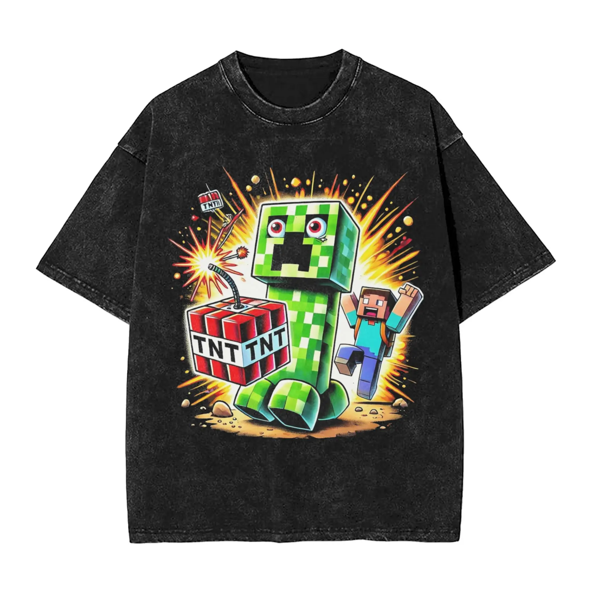 

Steeve and the creeper with a bit of tnt Washed T Shirt Streetwear T-Shirts Tees for Men Women Short Sleeve High Street Printed