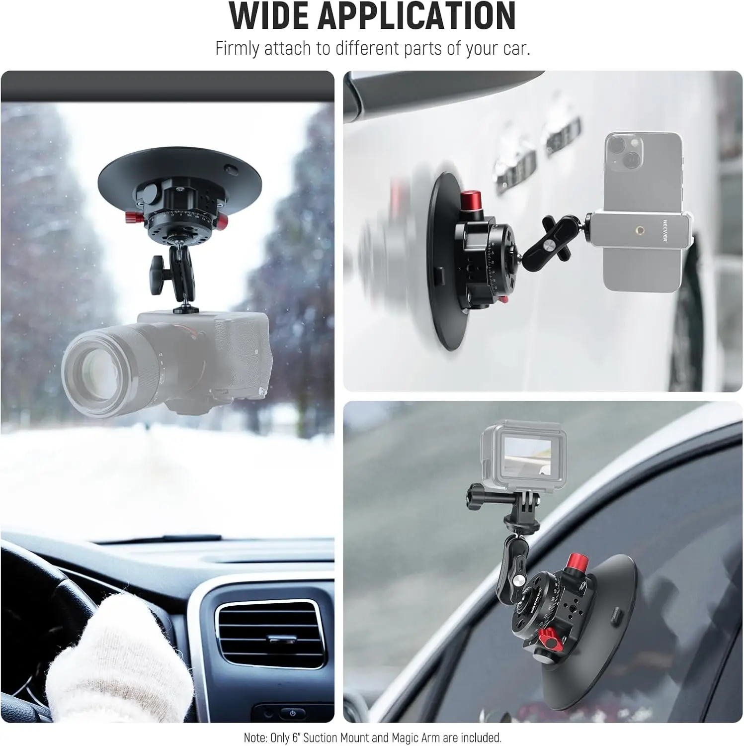 Neewer 6" Kamera-Saughalterung mit Kugelkopf, magischer Arm, Metall-Autohalterung für Kamera/Telefon, Luftpumpe, Vakuum-Saugnapf am Auto – Detail 7
