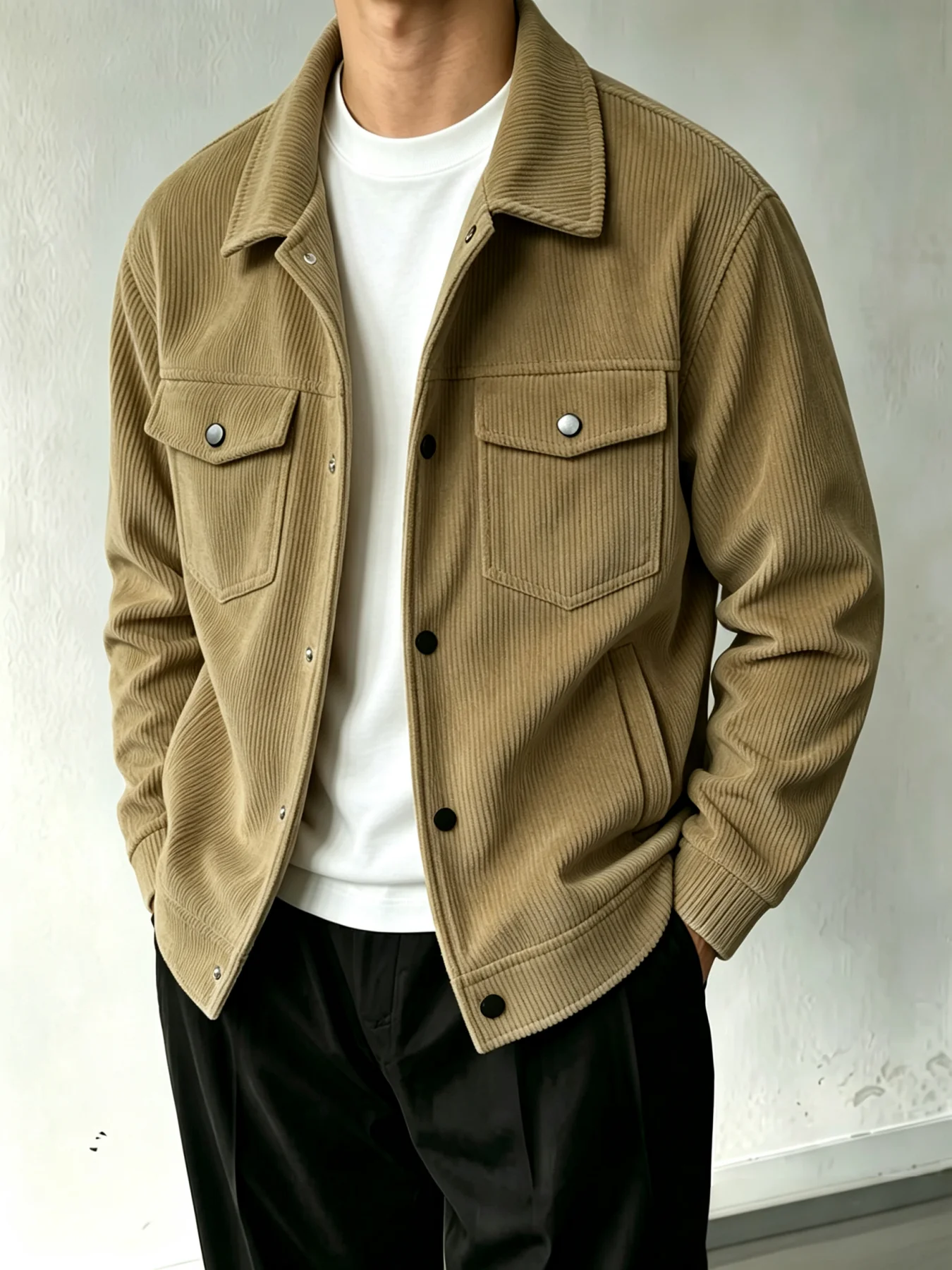 Lässige Herrenjacke aus Cord mit Revers, langen Ärmeln, Knopfleiste, Trucker-Stil, mit aufgesetzten Taschen, ideal als Oberbekleidung für Herbst und Winter, für den täglichen Gebrauch. – Detail 2