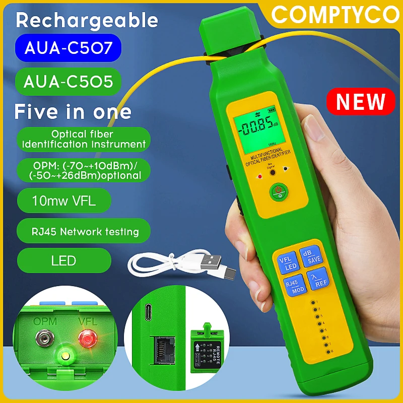 

Оптический измеритель мощности COMPTYCO AUA-C507/C505 5-в-1 с идентификатором оптического волокна, VFL 10 мВт, LED-фонариком и тестером сети RJ45