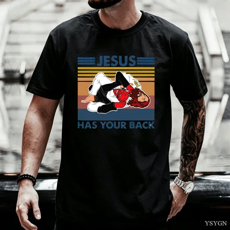 Men Clothing Jesus Has Your Back Jiu Jitsu Vintage Christian Short-sleev Tops Male Kawaii Clothing Oversized T Shirt Ropa Hombre