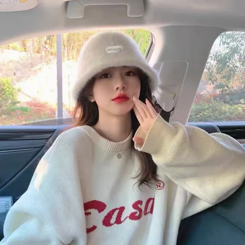 

Korean-Style A-Line Rabbit Hair Bucket Hat - Face-Flattering Wide-Brimmed Fuzzy Hat, Warm Versatile Beanie for Fall & Winter