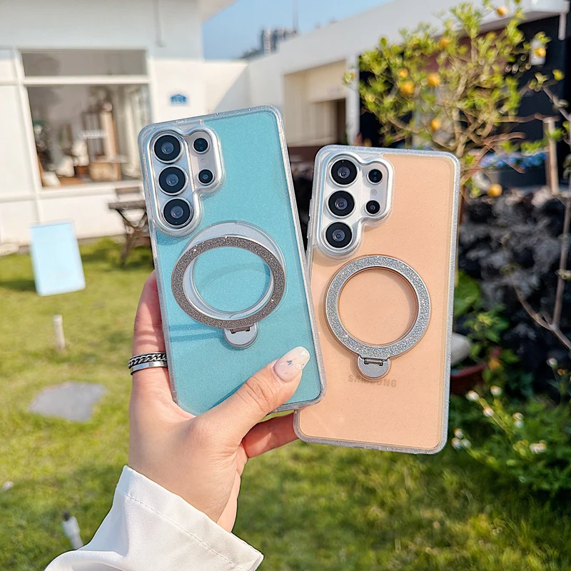 For Samsung Galaxy S26 Ultra ,S25 S24 S23 S22 Ultra Case ELVEV Magnetic Shockproof PC Transparent with Rotating Ring Cover