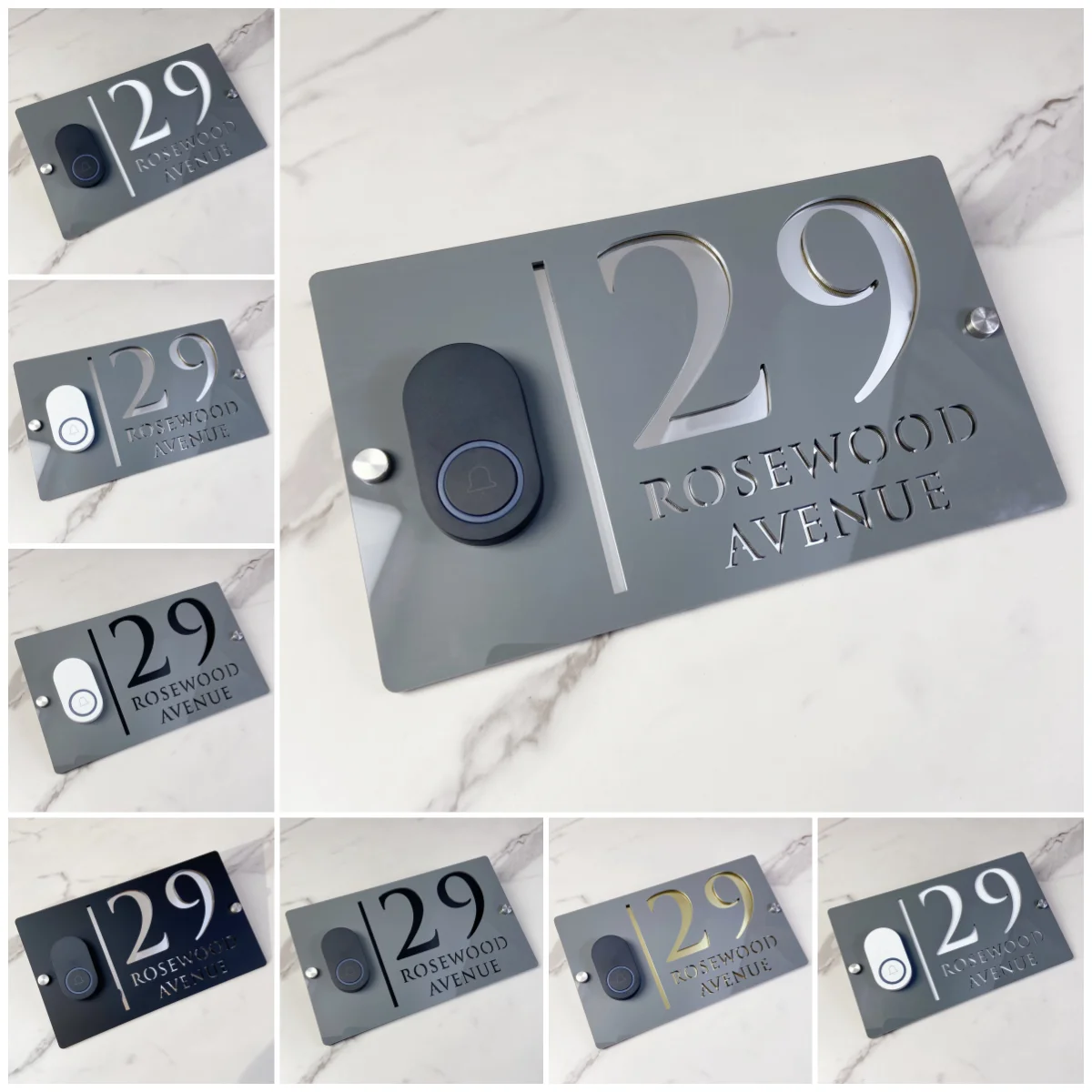 

Glossy Gray Acrylic Door Number Plaque Laser Engraved Address Sign Custom Bluetooth Doorbell House Plate Outdoor Wall Decoration