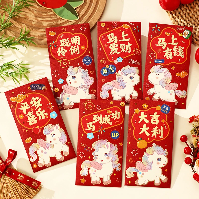 

6Pcs Cartoon Luck Money Bag Spring Festival Bless Pocket 2026 Year Of The Horse Red Envelopes Red Packet New Year Gift