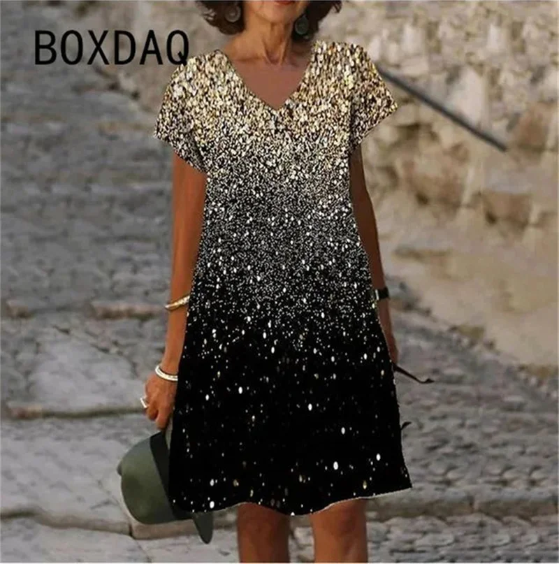 Gold Gradient Dot Printed Women's Dress Fashion Summer Sexy V-neck Dress Ladies Casual Loose Short Sleeve A-Line Dress Vestidos