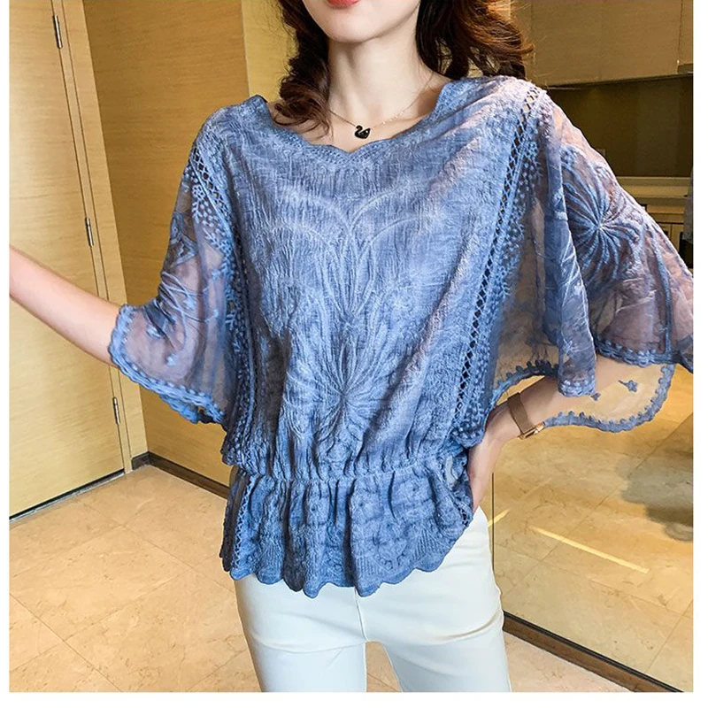 Fashion Spliced Lace Ruffles Hollow Out Batwing Sleeve Blouse Women\'s Clothing 2023 Summer New Casual Pullovers Embroidery Shirt