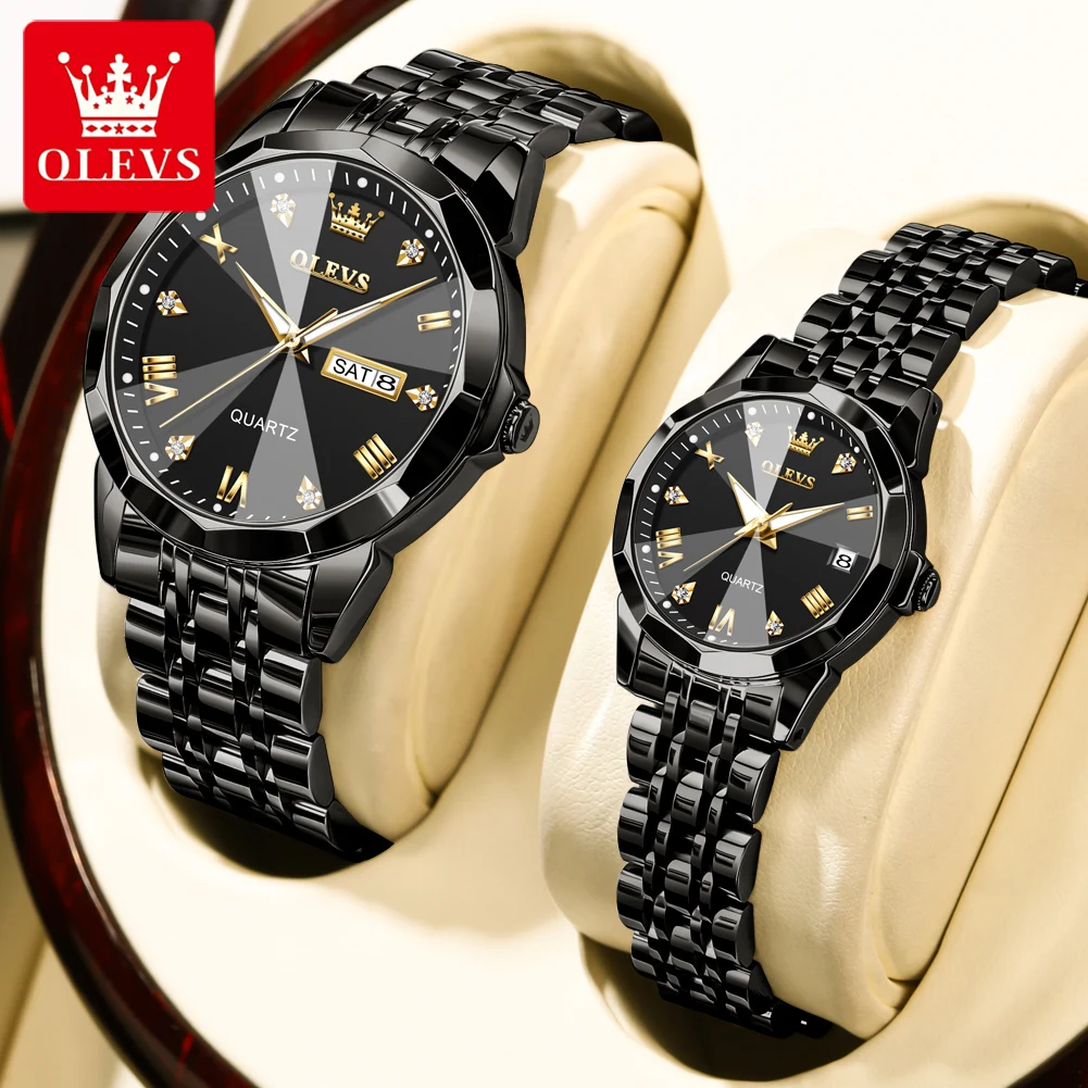 OLEVS 9931 Quartz for Couple Solid Stainless Steel Strap Rhombus Design Fashion Business Wristwatch Men\'s Watches Waterproof Set