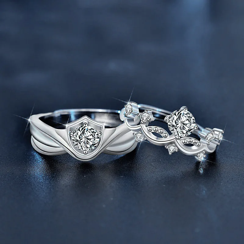 Original Princess and Knight Couple Rings Moissanite S925 Sterling Silver Adjustable Wedding Rings
