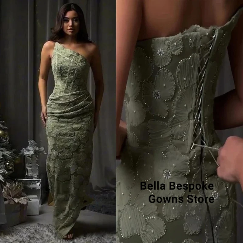 

Arabic Evening Dress Customized Strapless Sleeveless Pearls Lace Mermaid Prom Gown Floor Length Saudi Arabian Party Dresses