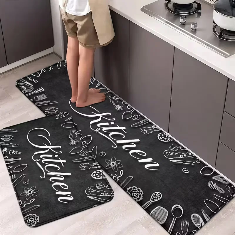 Einfache Küchenmatte mit schwarzem Küchenutensilienmuster, rutschfest, gepolsterter Küchenteppich und Bodenmatte für Fußmatte, Wäsche, Büro