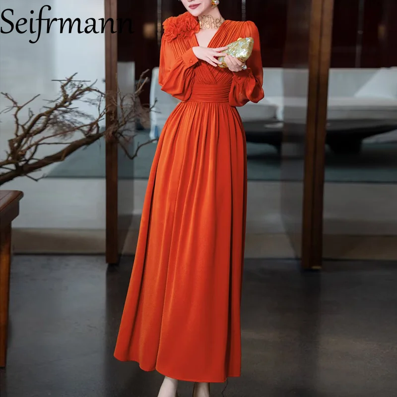Seifrmann Solid Long Sleeve V-Neck Long Dress For Women Appliques High waist High-End Temperament Party Prom Dresses