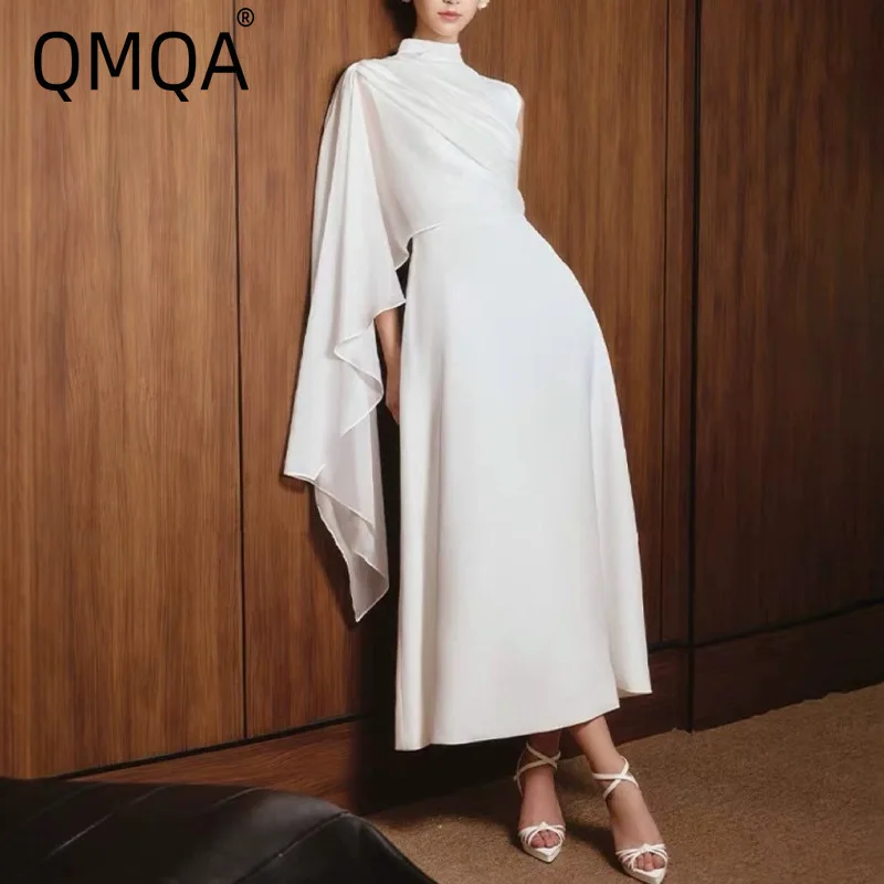 Qmqa moda feminina sentido flowy sheer sem mangas vestido branco xale estilo socialite elegante a linha vestidos de comprimento médio novo qm736